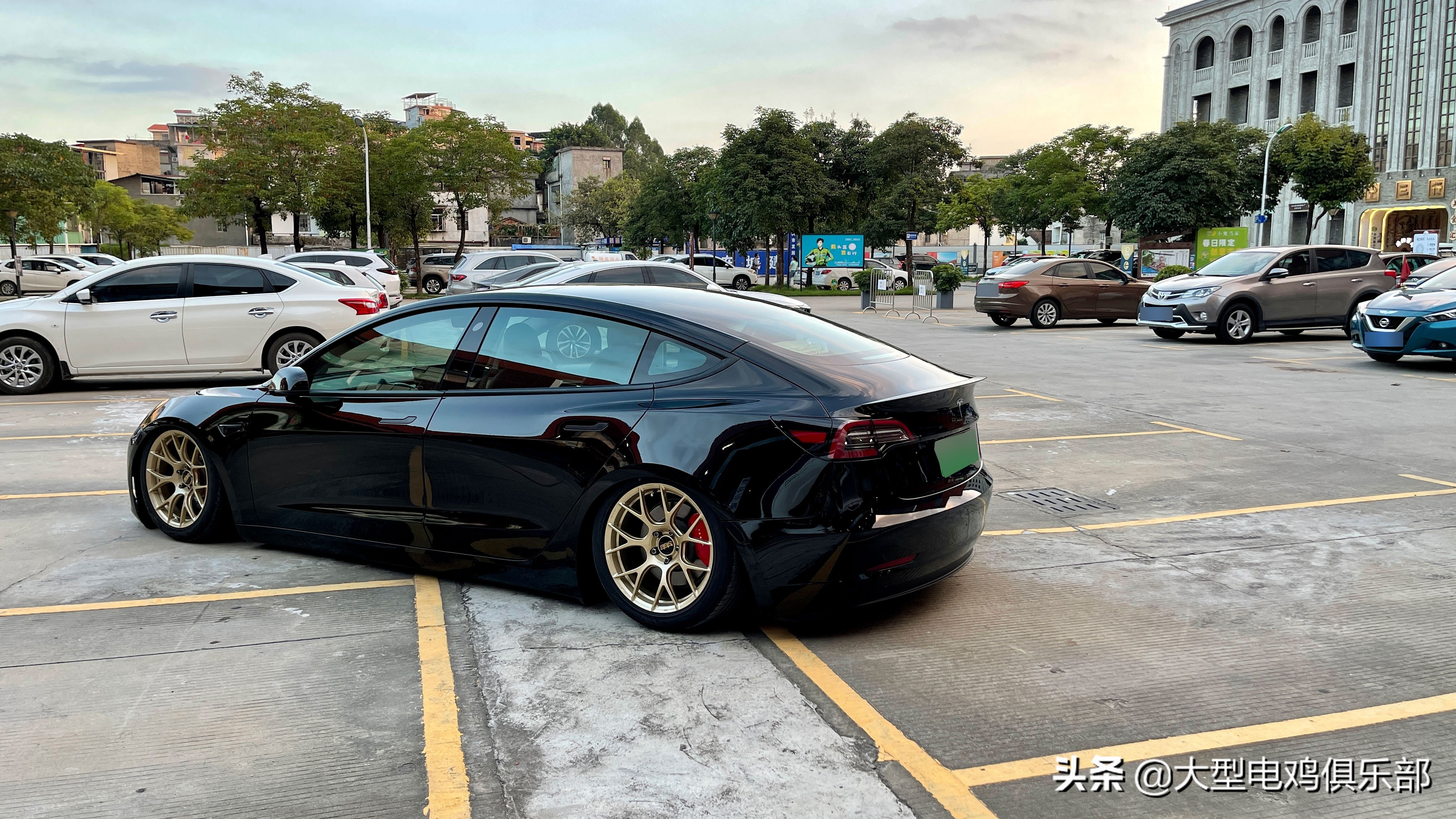 黑色特斯拉model3 | 改装气动避震&金色锻造轮毂
