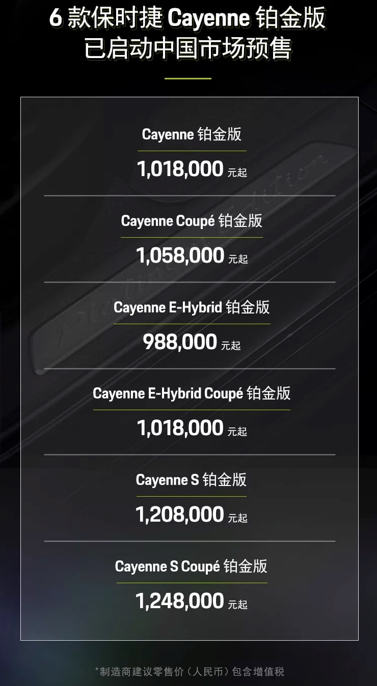 全新大众凌渡L首发亮相；保时捷Cayenne铂金版发布