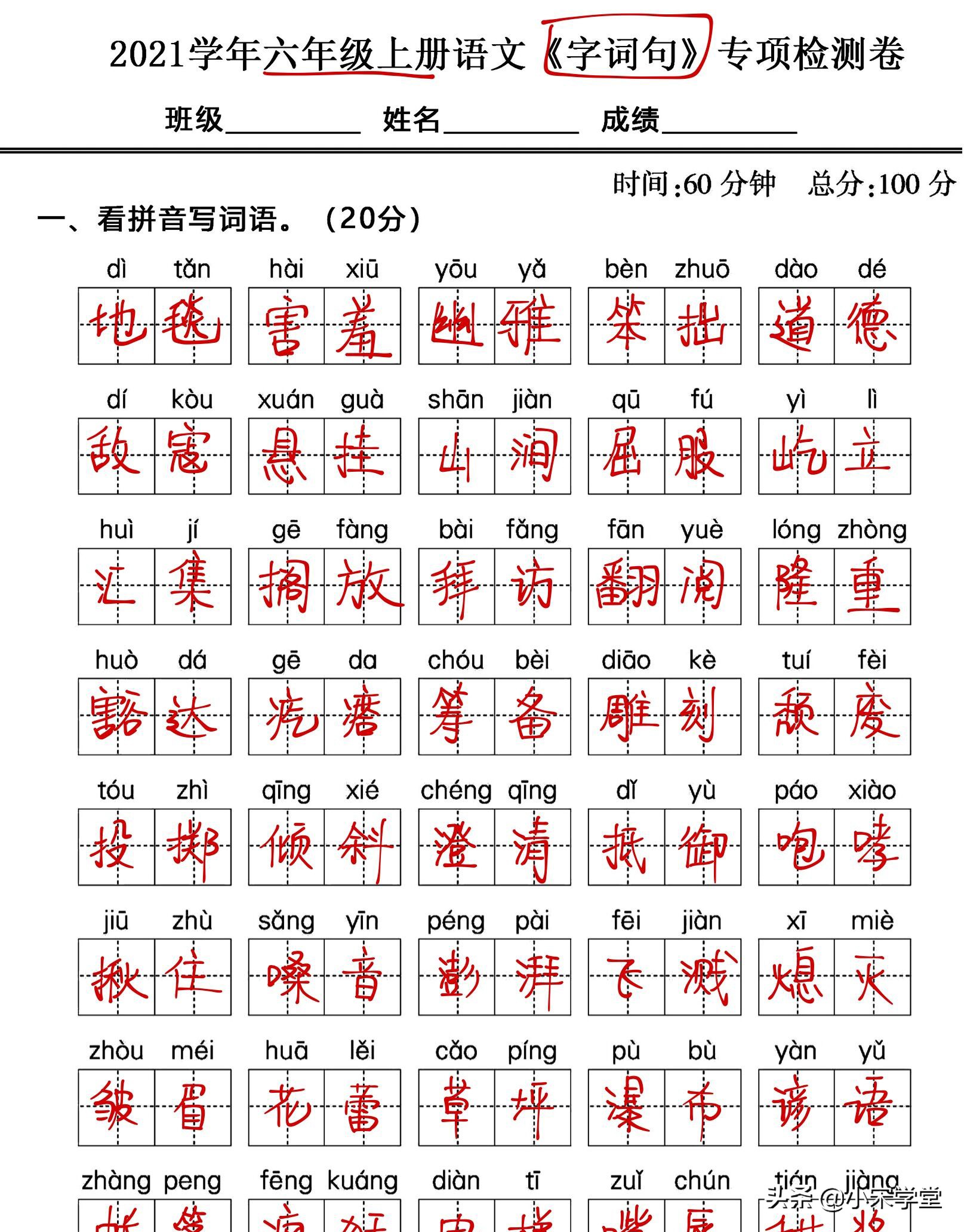 2021六年级上《字词句》期末考前复习卷，专项检测人手一份可打印