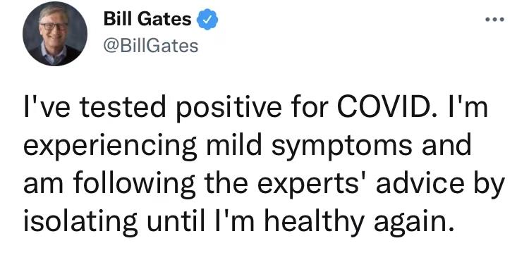 比尔·盖茨新冠病毒检测结果呈阳性