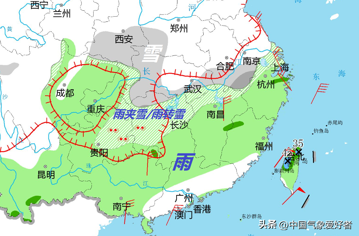 雨夹雪的天气符号(南方大范围初雪驾到，预报图现怪异“鱼眼”！分析：比暴雪更危险)