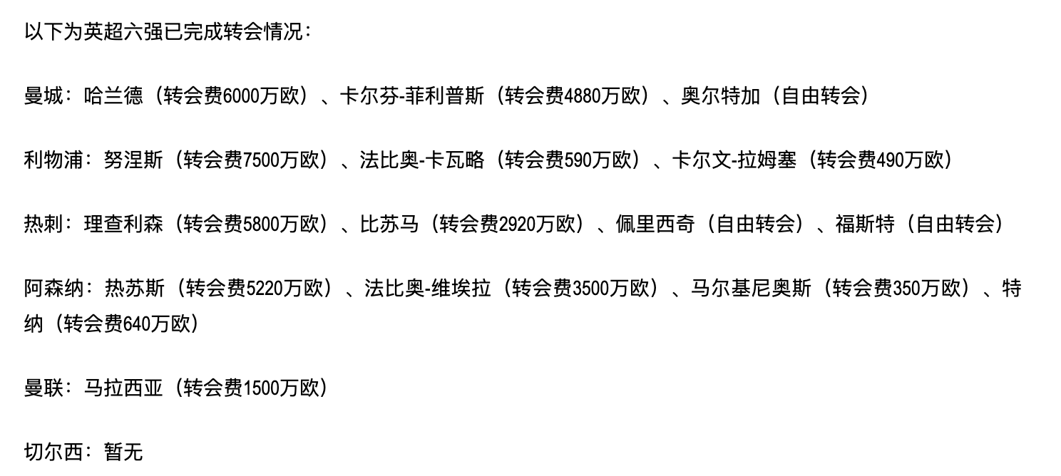 两支英超big6球队加入争夺(英超Big6最新转会投入：曼城1.08亿欧，阿森纳第二，切尔西0投入)