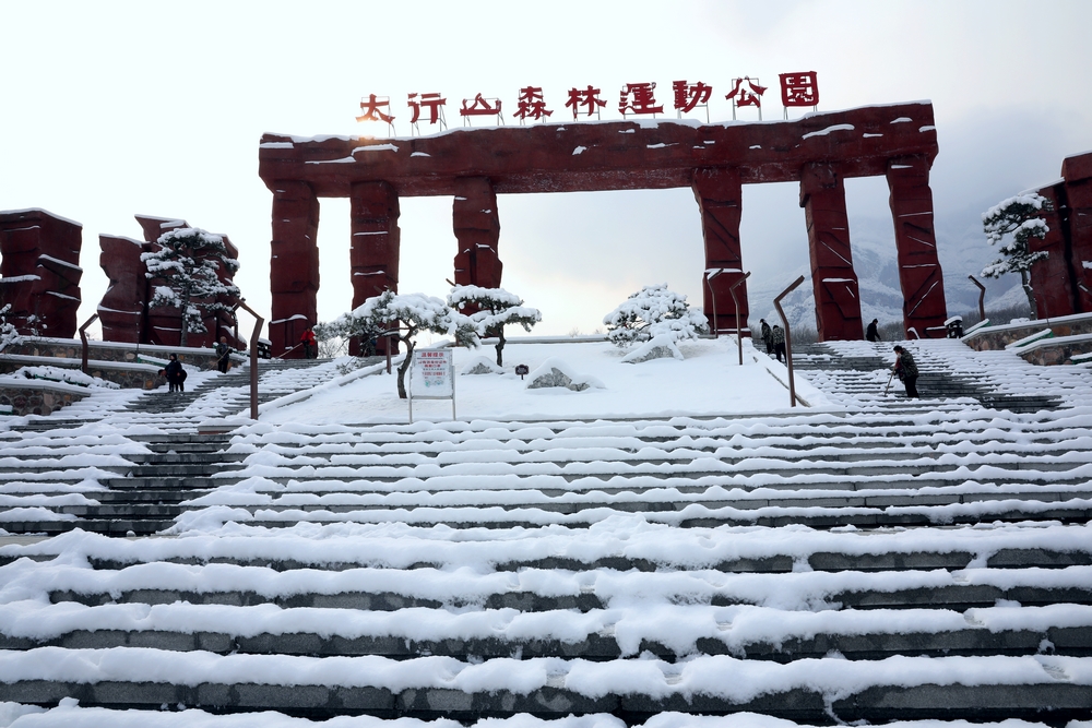 雪后的太行山森林运动公园，飞雪轻舞，翠竹炊烟，素净而艳丽