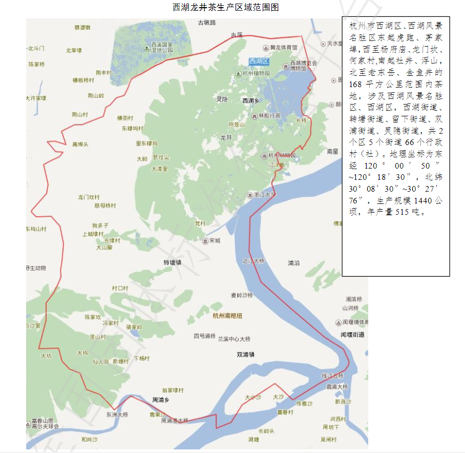 杭州市政府划定的西湖龙井茶保护基地,具体是杭州市西湖西面东起虎跑