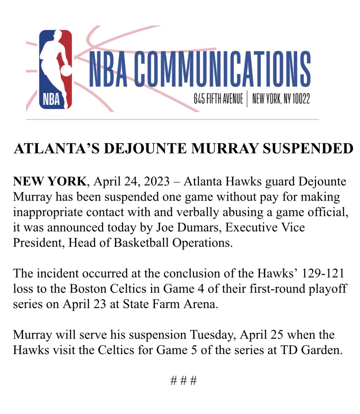 NBA官宣调查结果：穆雷因顶撞裁判遭禁赛无缘G5 塔图姆行为无违规