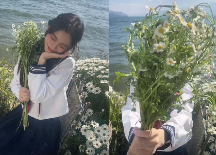 baby晒照庆33岁生日!穿短裙制服太少女,怀中大束野花焉巴巴