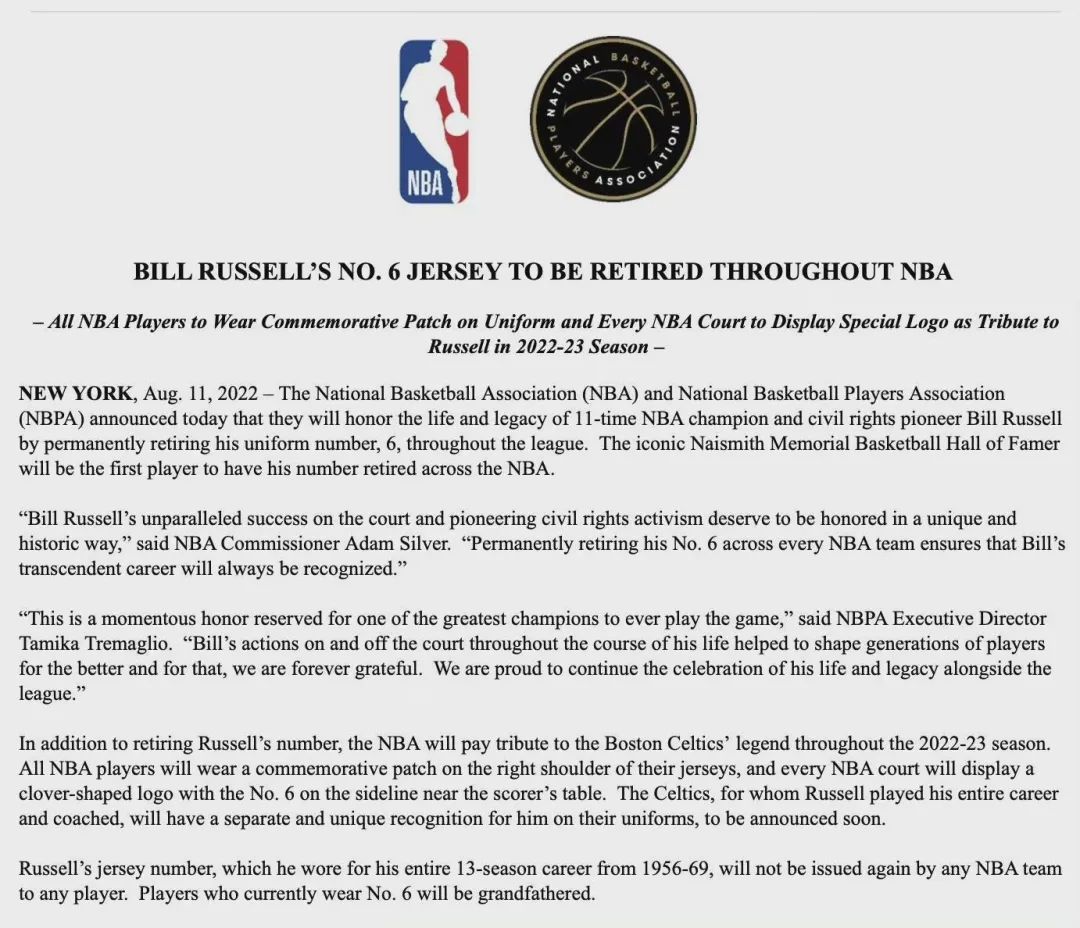 拉塞尔的球衣号码（NBA官方宣布：全联盟将退役比尔-拉塞尔的6号球衣）