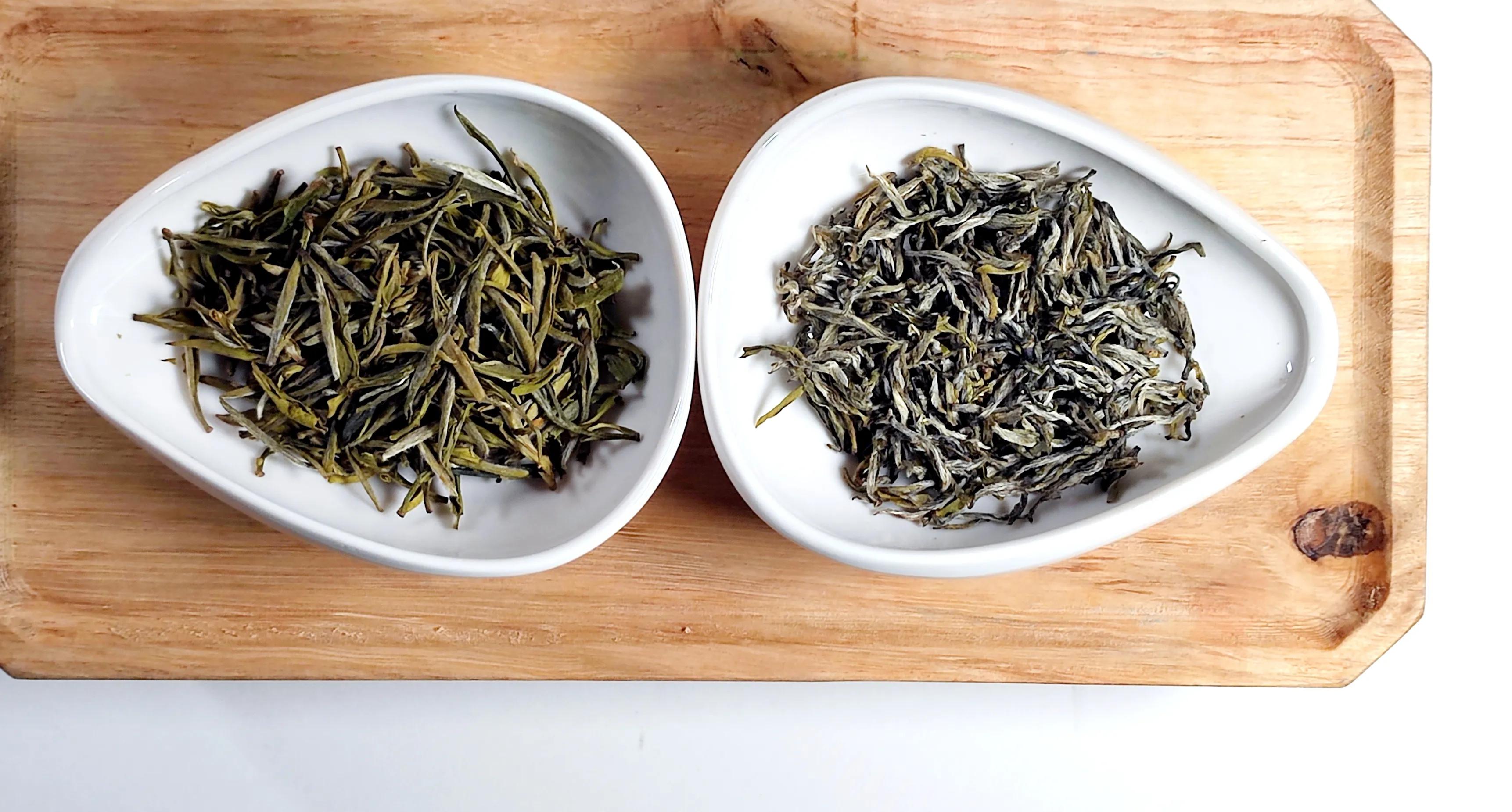 黄山毛峰:长条形,深绿灰白相间,显茶毫,香气为青草香.