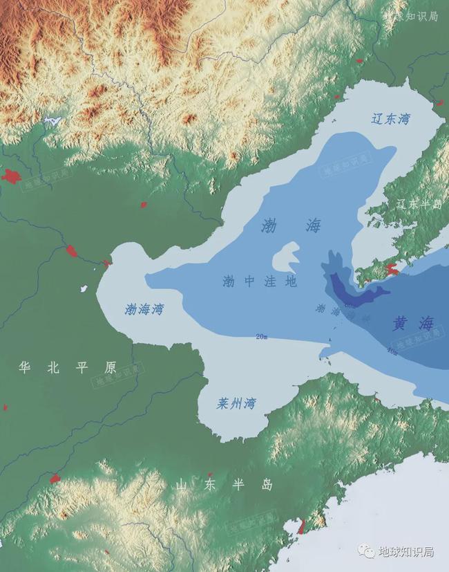 海底地形图海峡南部有庙岛群岛中的长山,大钦,隍城等40多个岛屿纵列
