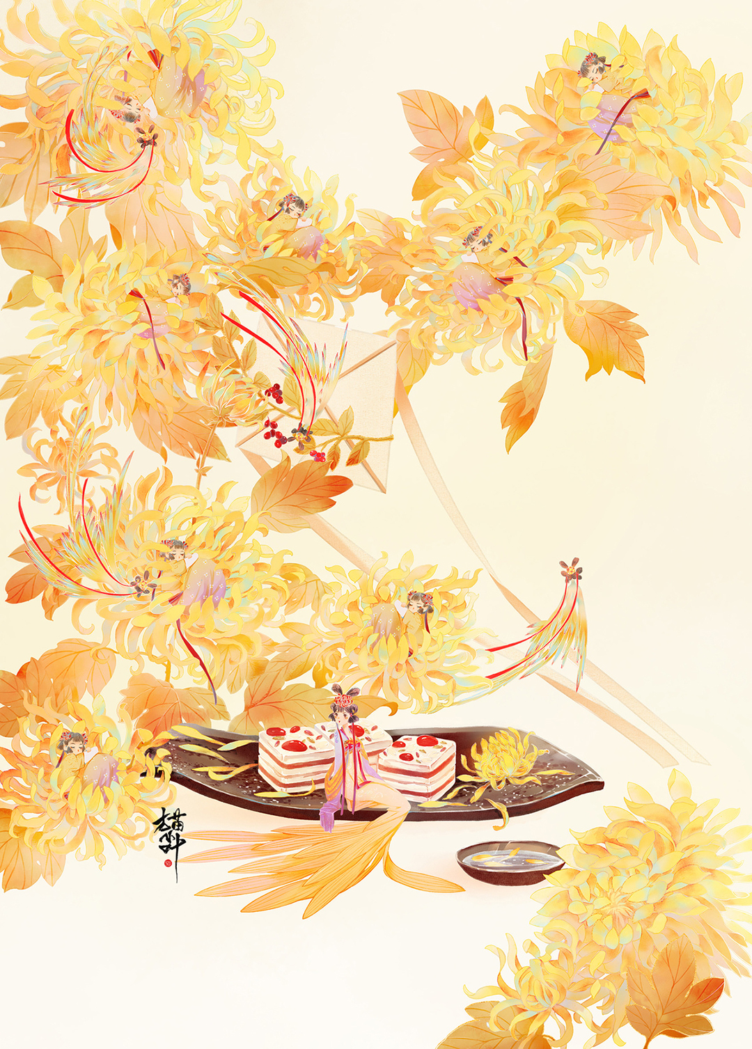 漂亮的古风美少女插画，画面构图简洁，给观者留下更多的遐想