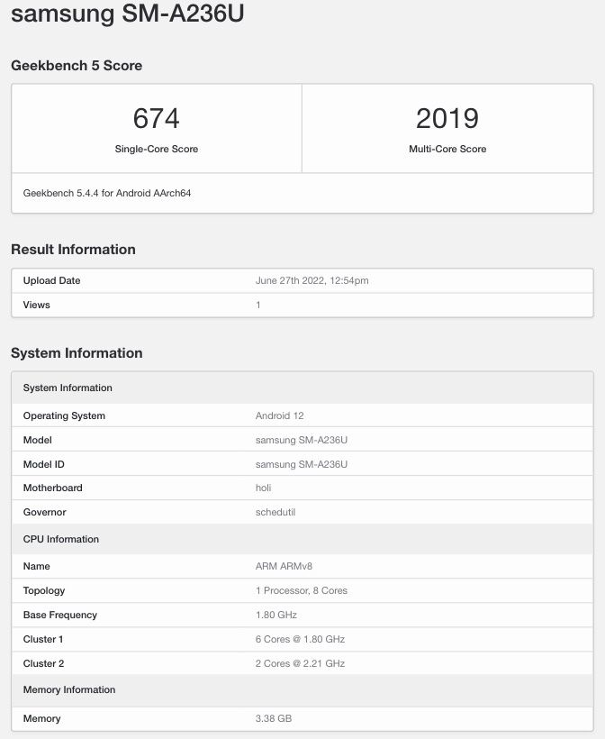 三星 Galaxy A23 5G手机现身Geekbench 拥有美版身份