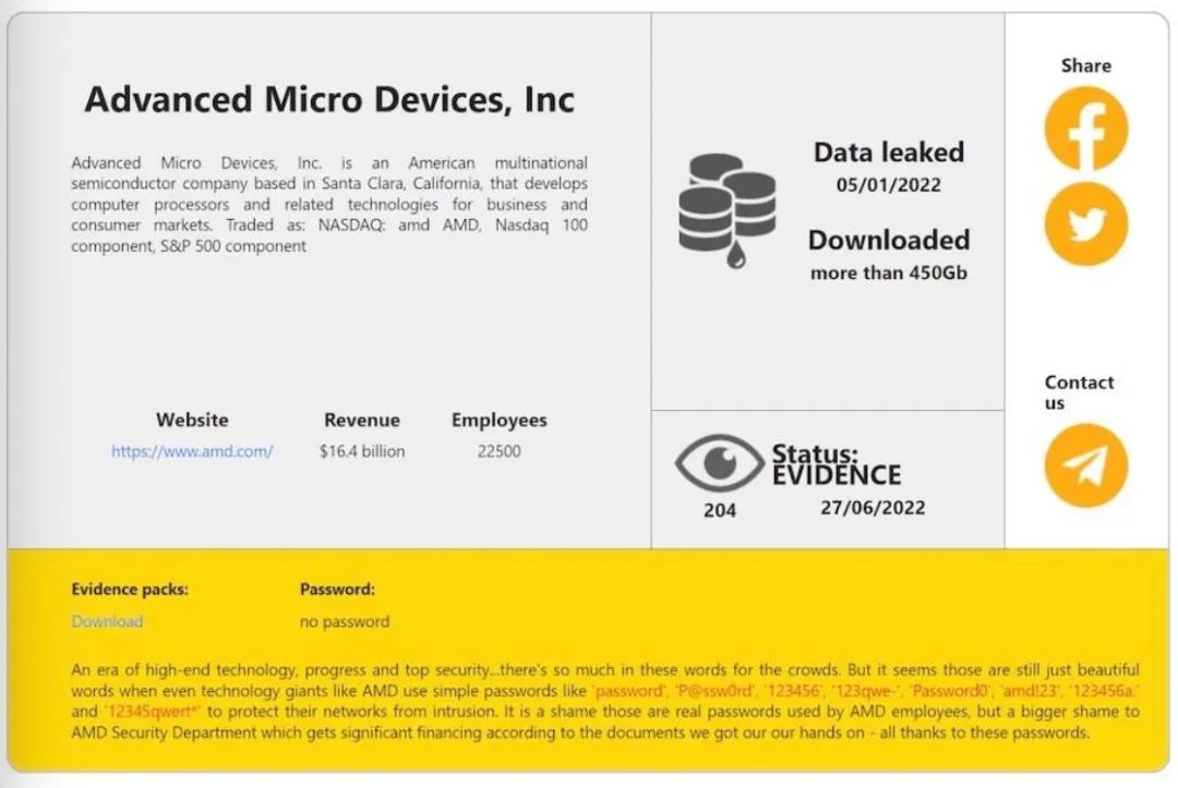 黑客「撕票」，芯片巨头AMD 450GB数据泄露，惹祸的弱密码