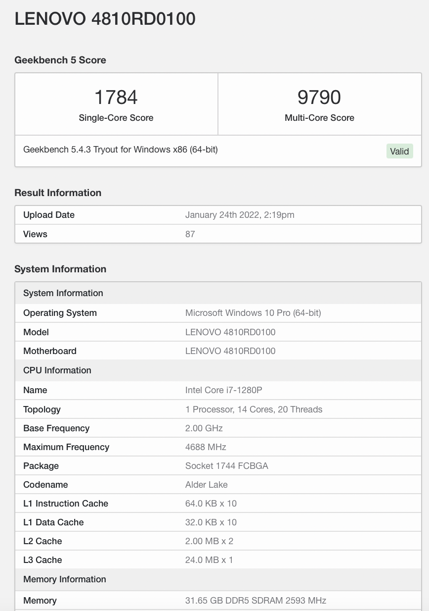 联想新款高端轻薄本跑分流出：搭载 i7-1280P，14 核 20 线程