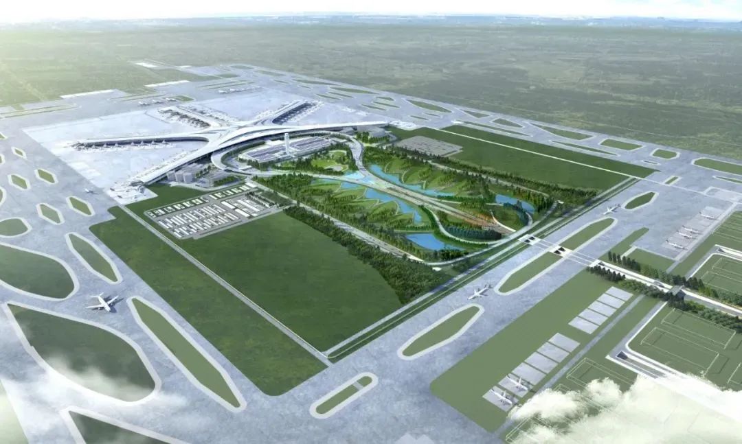 青岛胶东国际机场航站区景观设计鸟瞰图(来源:阿特金斯)青岛胶东国际