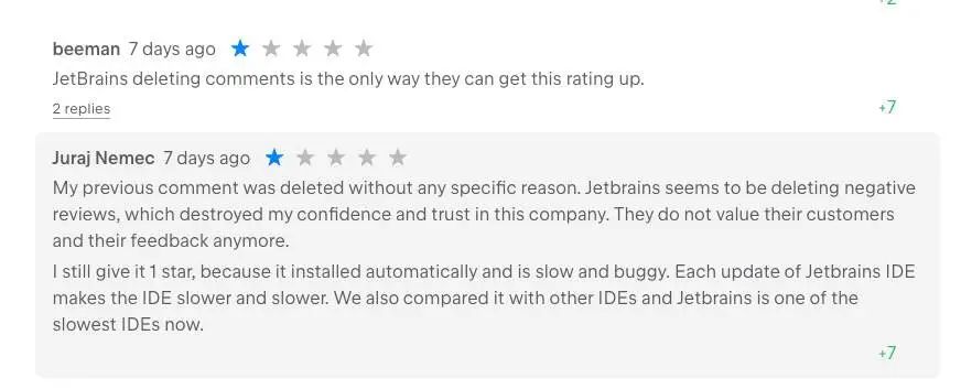 二十年老牌 IDE 栽在 AI 上！JetBrains 被差评逼疯批量删除评论，用户怒打更多1星抗议