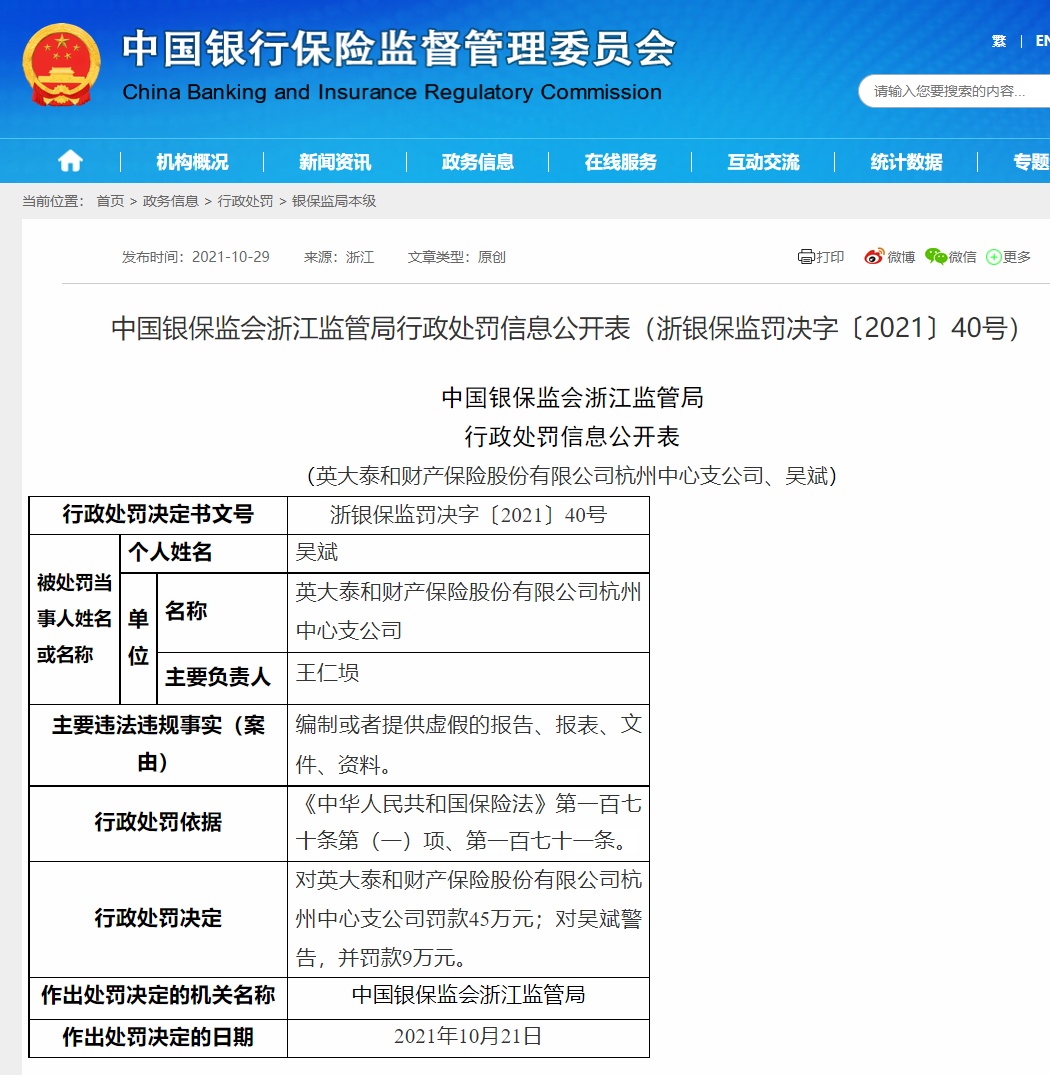 涉编制或提供虚假报告等违法行为 英大泰和财产保险被罚45万