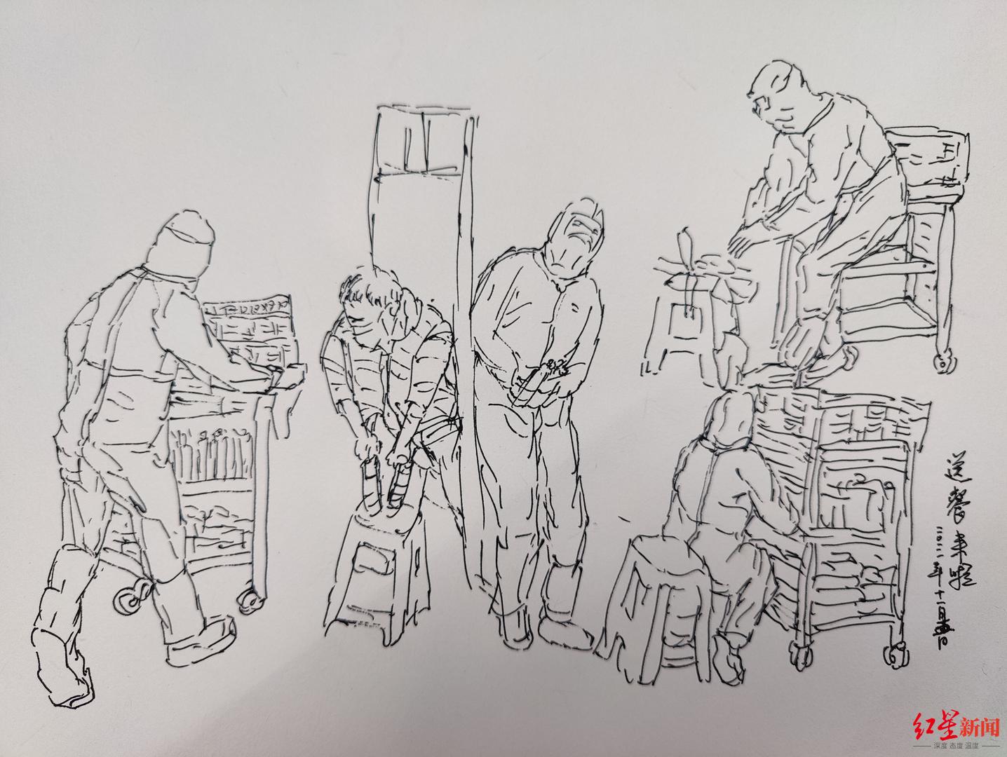 疫情医护人员手绘图(隔离老师手绘画作，用画笔致敬防疫“战士”)