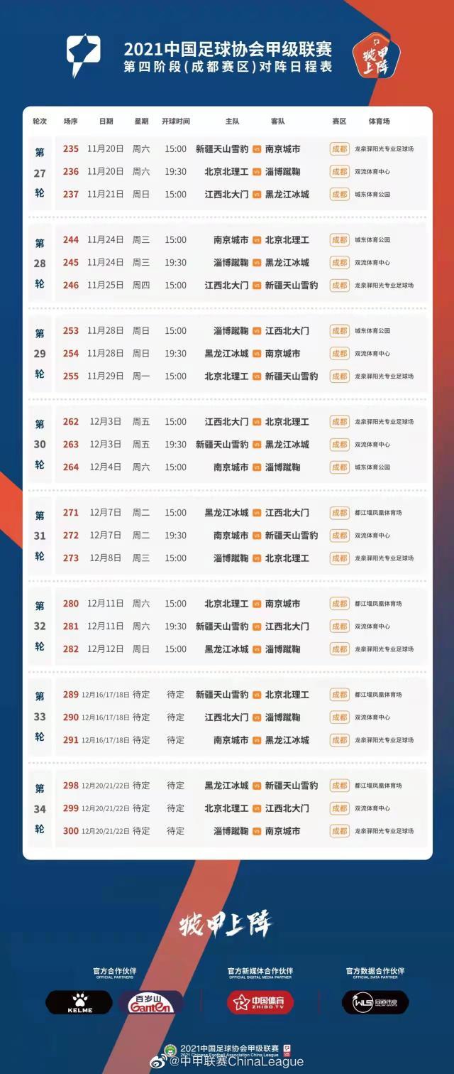 2021中甲聯(lián)賽的賽程（中甲第四階段賽程公布 成都賽區(qū)率先開戰(zhàn)武漢延期）