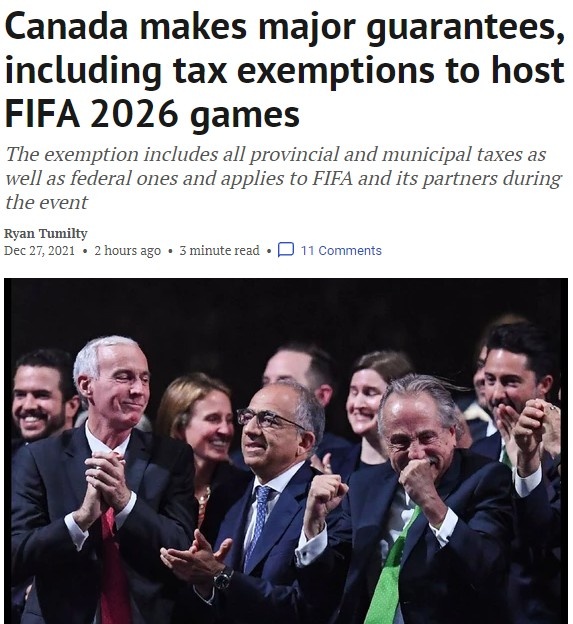 2026世界杯加拿大(加媒：为获得2026世界杯承办权，加拿大承诺对FIFA免税和免签证)