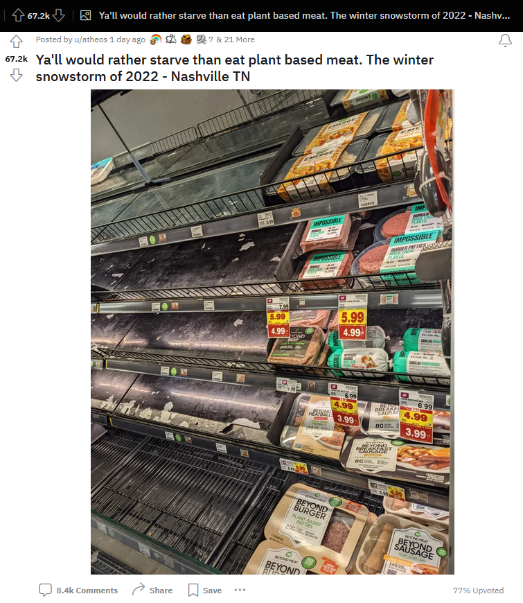 “暴雪中抢购的美国人，饿死也不吃人造肉”这个帖子在Reddit上火了