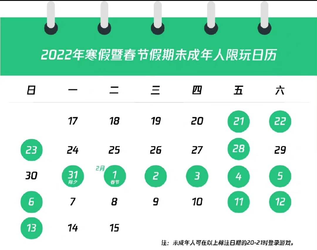 《王者荣耀》、《和平精英》等公布寒假限玩日历：未成年人游戏时间合计不超14个小时