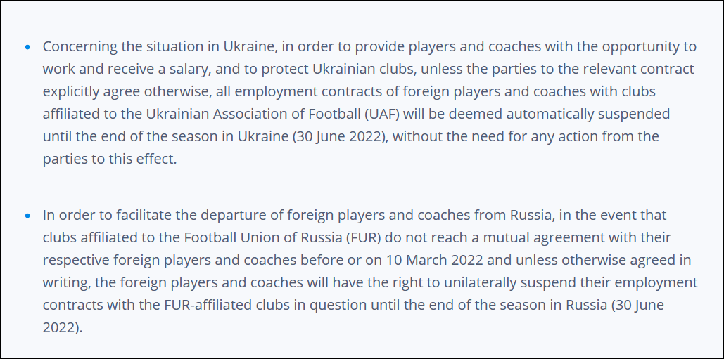 近日俄罗斯和乌克兰联赛转会(国际足联：允许效力于俄联赛的外籍球员和教练单方面解约)