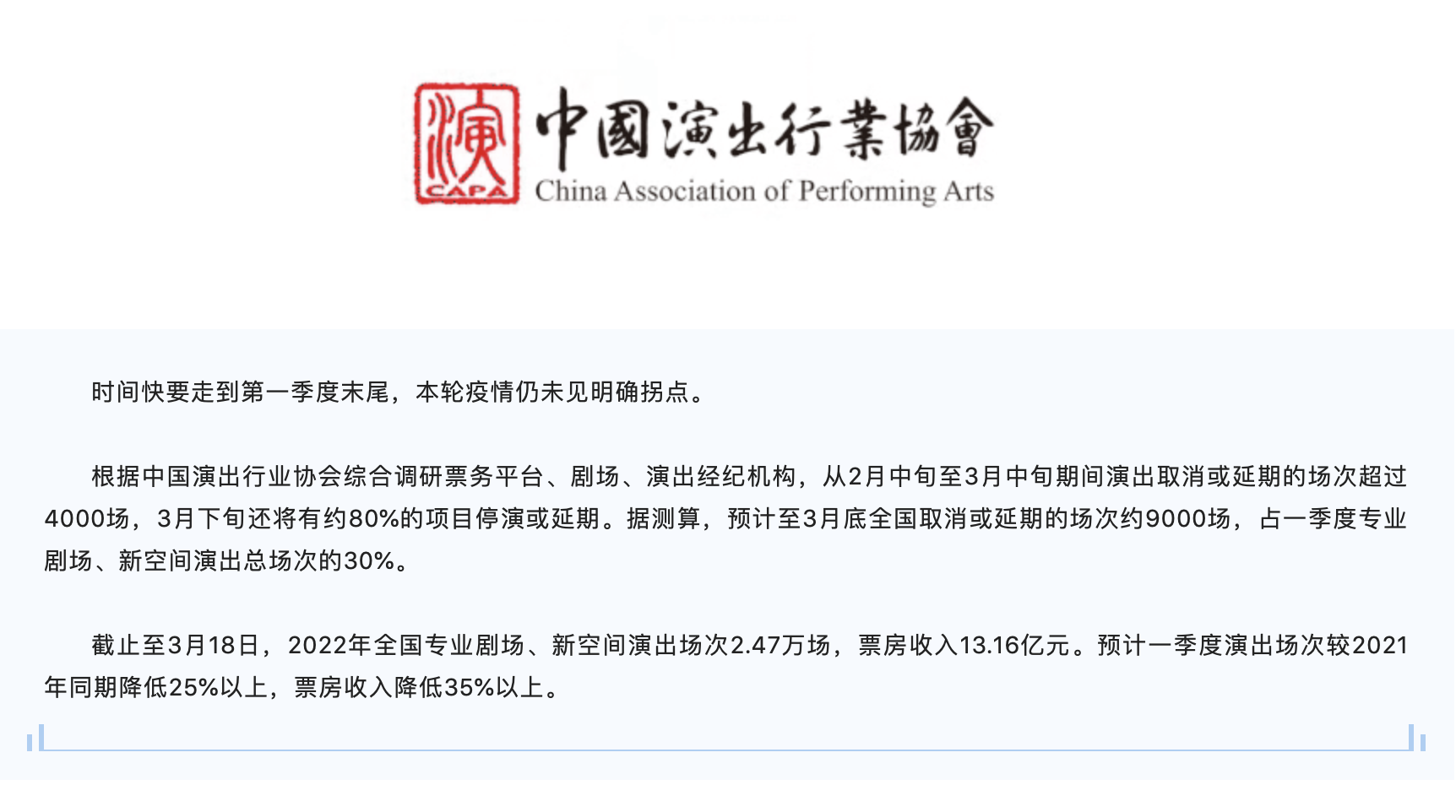 中国演出行业协会：预计至3月底全国取消延期9000场演出