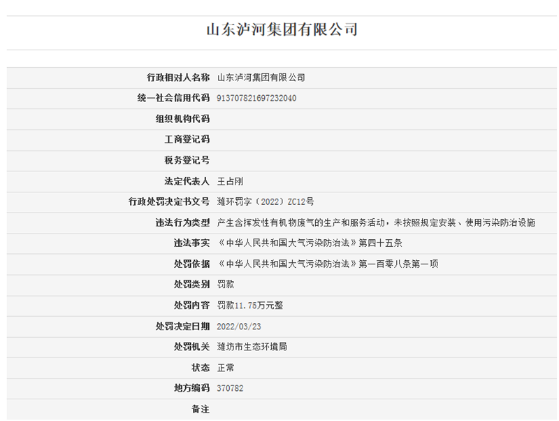 山东泸河集团，被罚款11.75万元