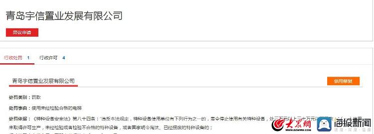 使用未經檢驗合格的電梯 青島宇信置業發展有限公司被處罰