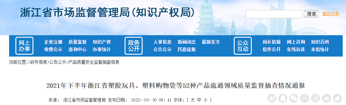 浙江省市场监督管理局通报塑胶玩具、塑料购物袋等52种产品流通领域质量监督抽查情况