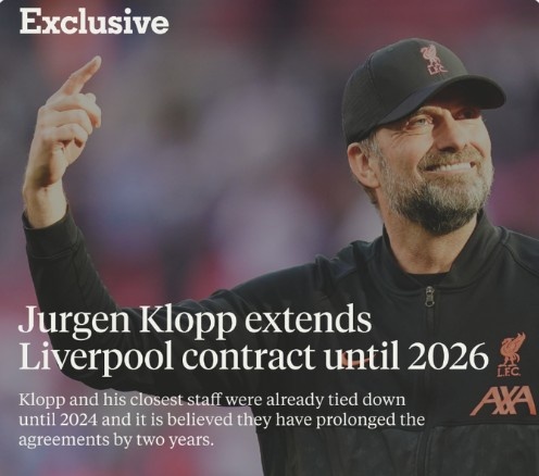 利物浦续约克洛普至2026年（TA：克洛普已签署续约合同，他与利物浦新约至2026年）