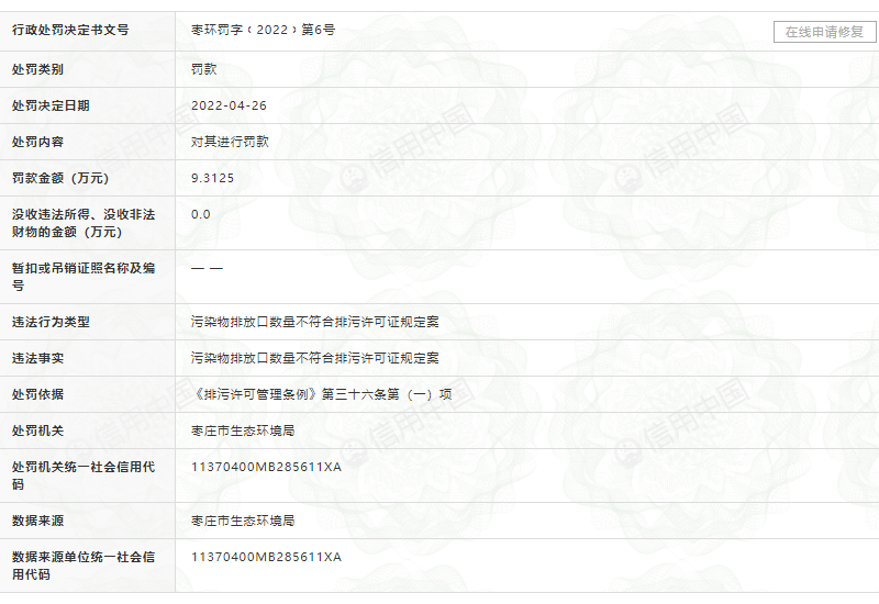 山東今緣春酒業(yè)有限公司因排污不合規(guī)定被罰9.3125萬元
