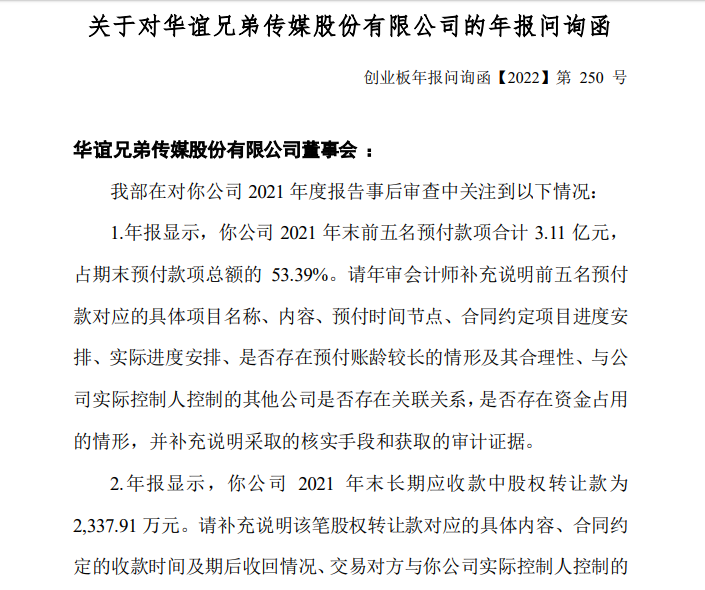 华谊兄弟收问讯函，股价较高点蒸发近九成