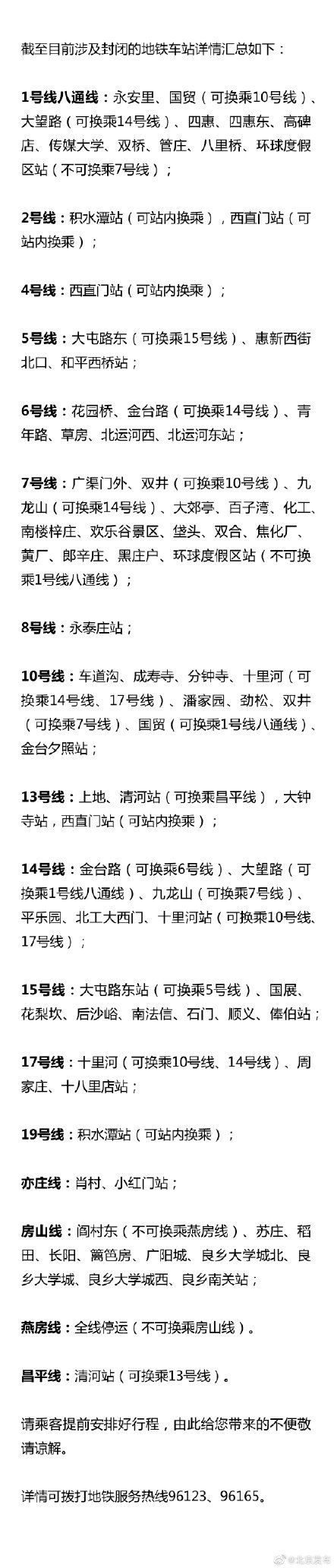 北京地鐵封站匯總來了！5月12日更新版