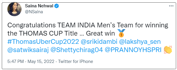 汤姆斯杯羽毛球赛结果（印度3：0横扫印尼首夺汤姆斯杯冠军，选手获一千万卢比奖励）