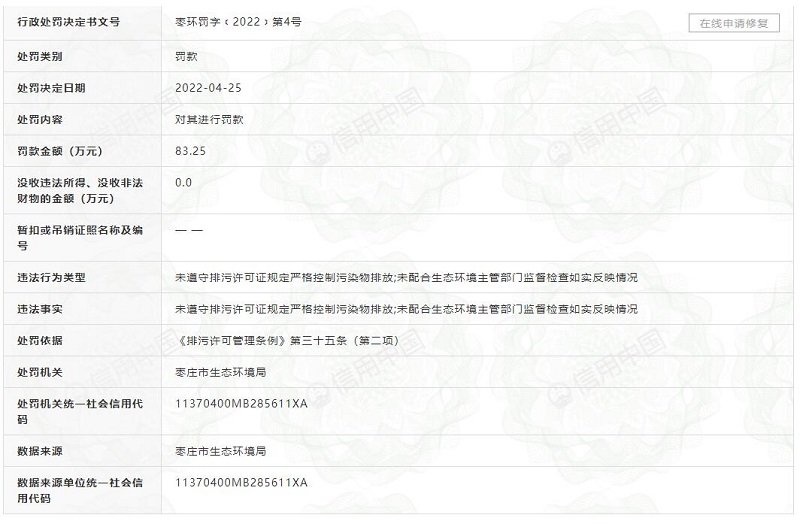 盛隆化工有限公司違反排污許可管理條例 罰款83.25萬元