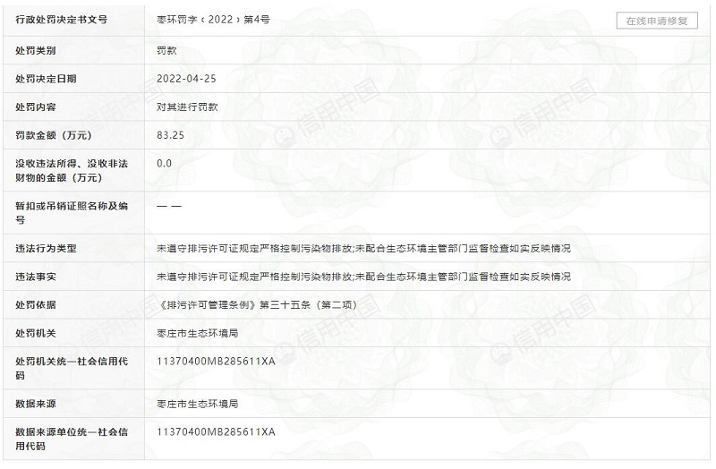 盛隆化工有限公司违反排污许可管理条例 罚款83.25万元