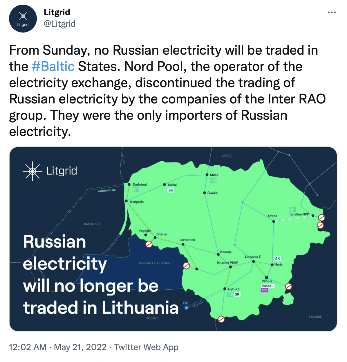 立陶宛与俄能源作彻底切割：本周日起完全停止进口俄油气和电力