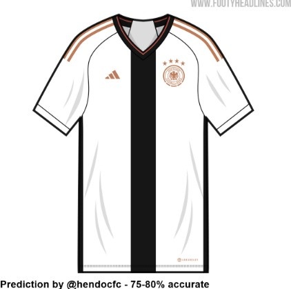 德国队世界杯战袍预测照：白衣配黑色竖条纹，衣领包含国旗元素