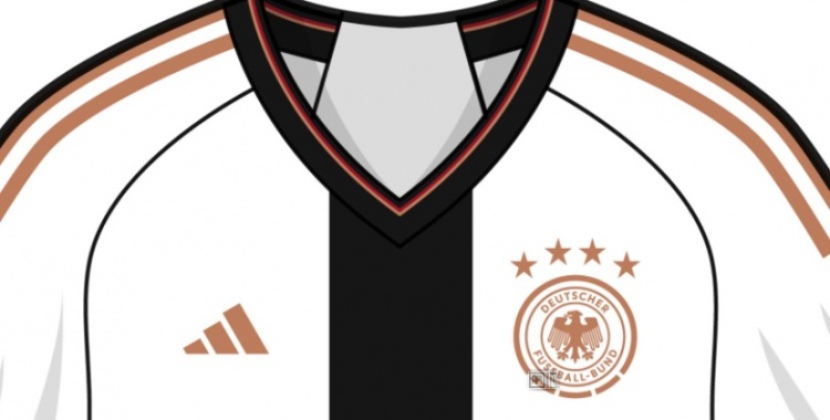 德国2022世界杯名单图片（德国队世界杯战袍预测照：白衣配黑色竖条纹，衣领包含国旗元素）