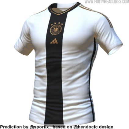 德国2022世界杯名单图片（德国队世界杯战袍预测照：白衣配黑色竖条纹，衣领包含国旗元素）