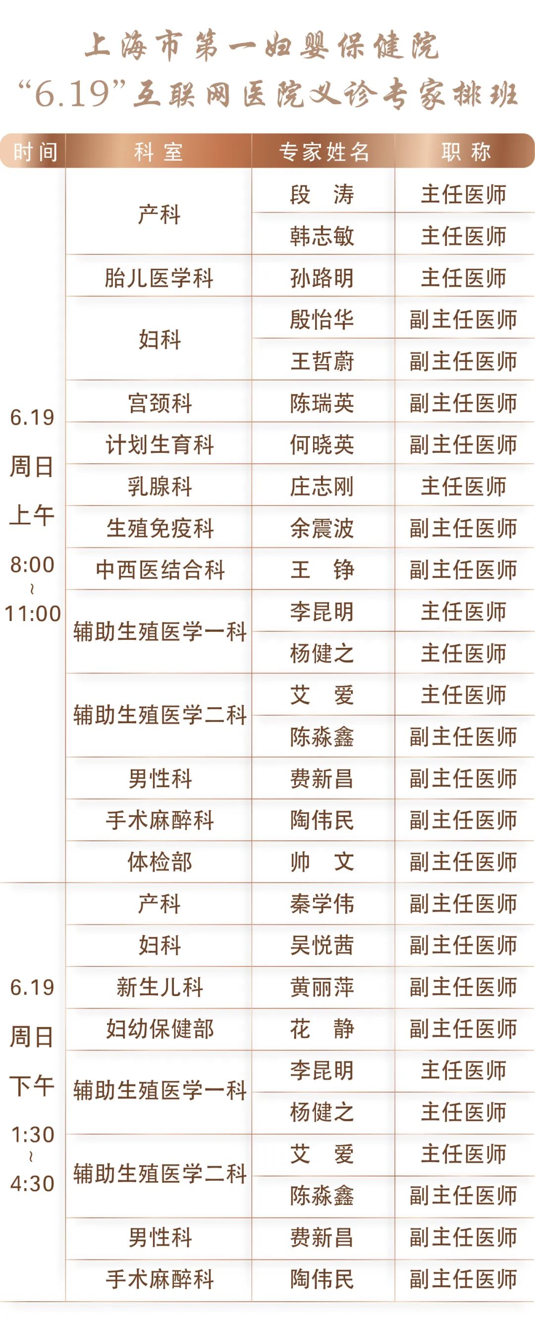 一妇婴互联网医院周日义诊6月19日专家排班