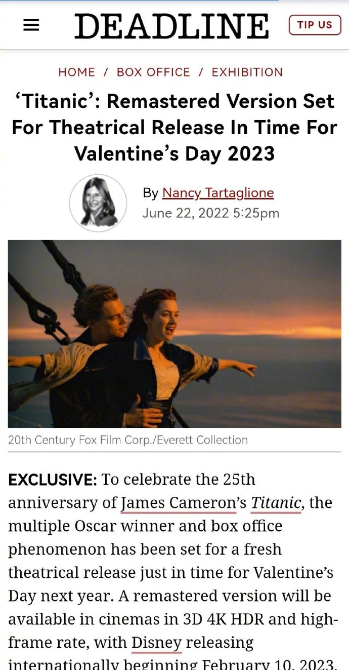庆祝25周年《泰坦尼克号》将于明年2月全球重映