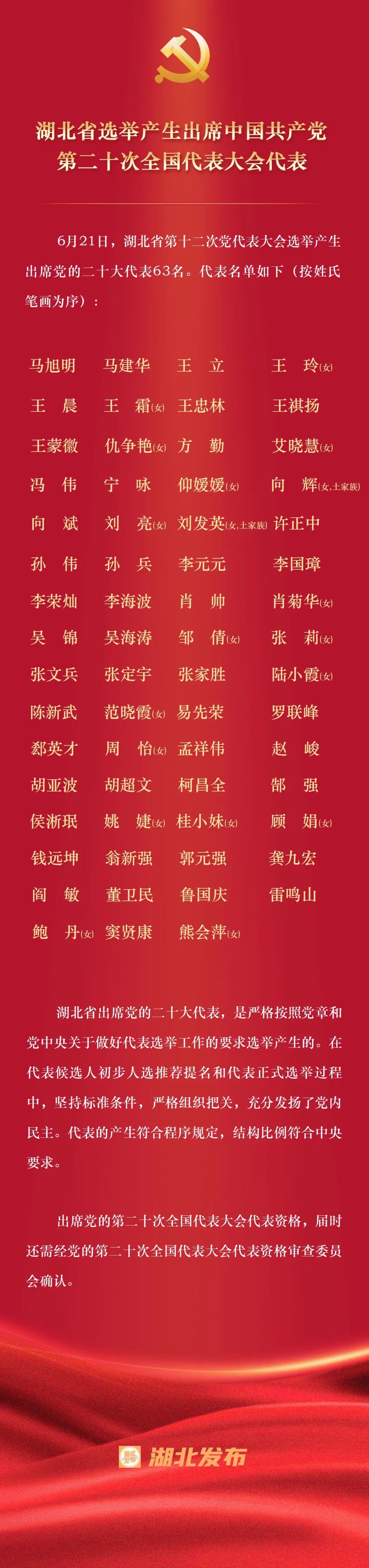 湖北省选举产生出席中国共产党第二十次全国代表大会代表