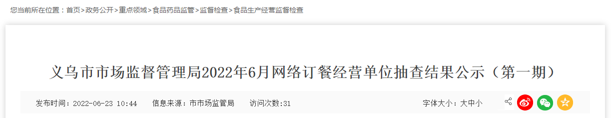 浙江省义乌市市场监管局公示2022年6月网络订餐经营单位抽查结果（第一期）