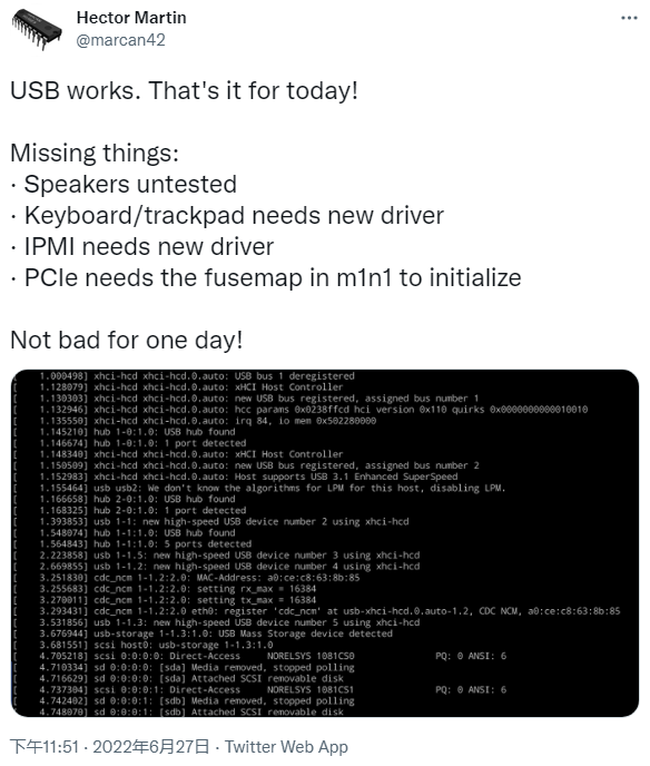 苹果M2设备的Linux起步工作取得了良好进展