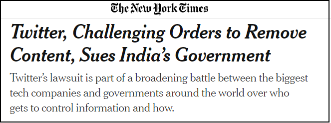 印度政府给推特下达“内容监控命令”，推特起诉印度政府滥用权力