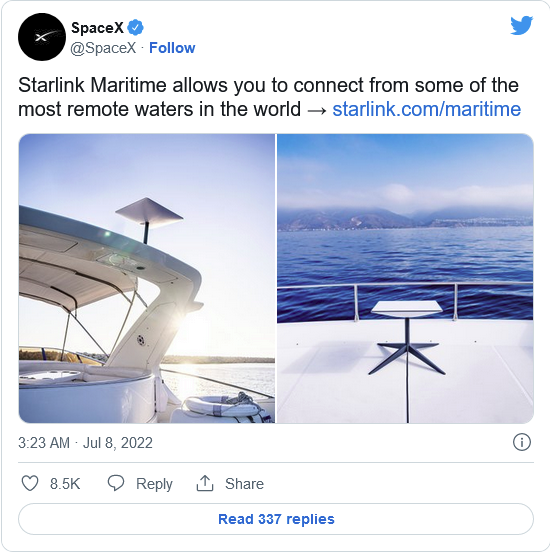 每月高達5000美元 SpaceX開始為游艇提供互聯網服務