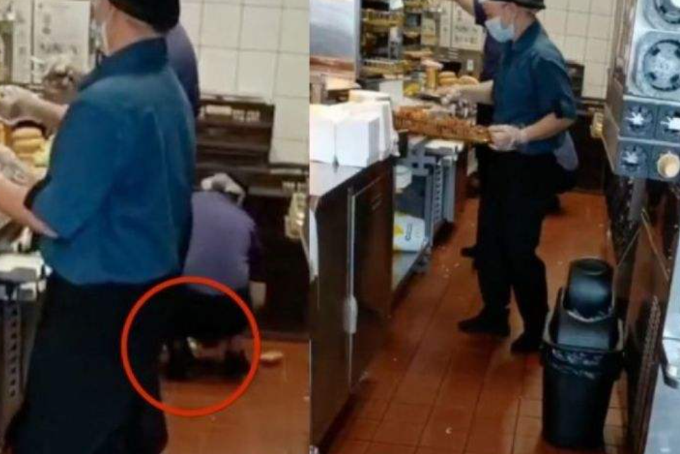 麦当劳员工将掉地上面包放回货架，餐厅回应：正在核实