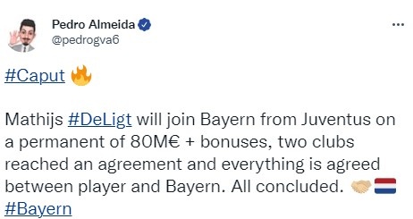 结束了？记者：拜仁&尤文就德里赫特达协议，转会费8000万欧+奖金